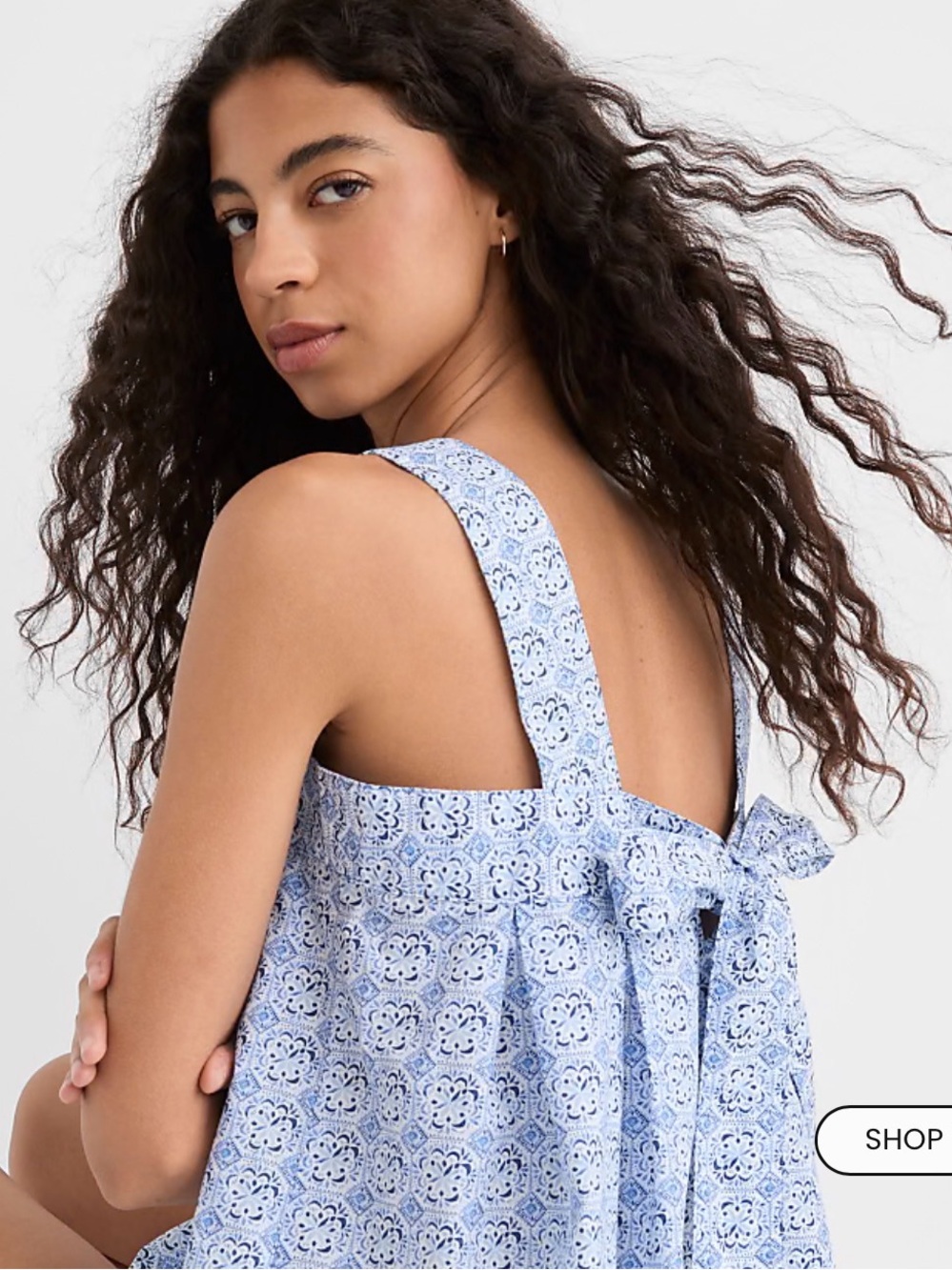 NWT! LOFT Mosaic Poplin Tie Back Pleated Tank Top - Picture 2 of 9